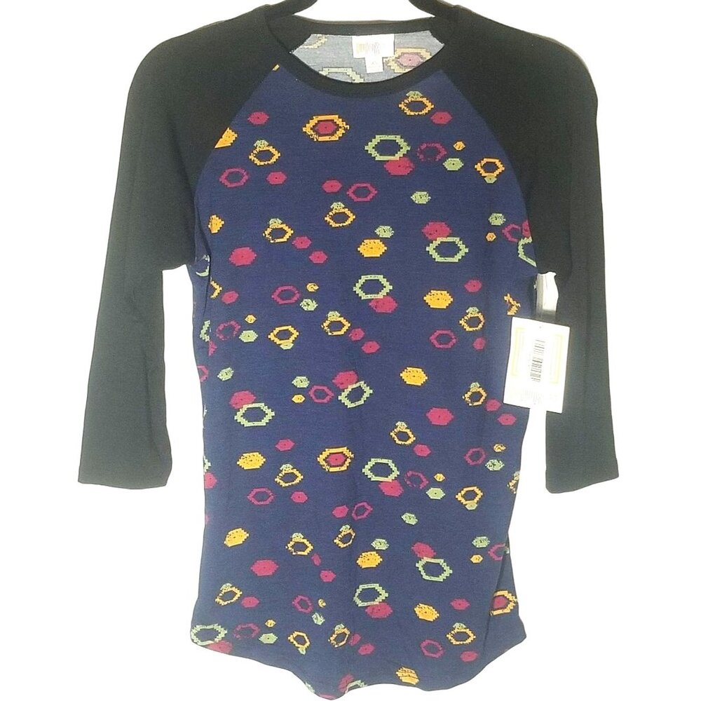 LuLaRoe Randy shirt baseball sleeve black & blue geometric size xs READ new